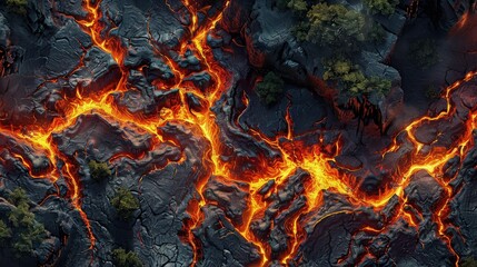 Fototapeta na wymiar Aerial View of Fiery Molten Lava Flowing Across Volcanic Terrain