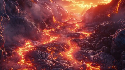 Captivating Aerial View of Molten Lava Flowing Across Volcanic Terrain