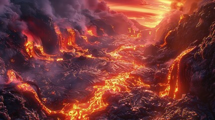 Captivating Aerial View of Molten Lava Flowing Across Volcanic Terrain