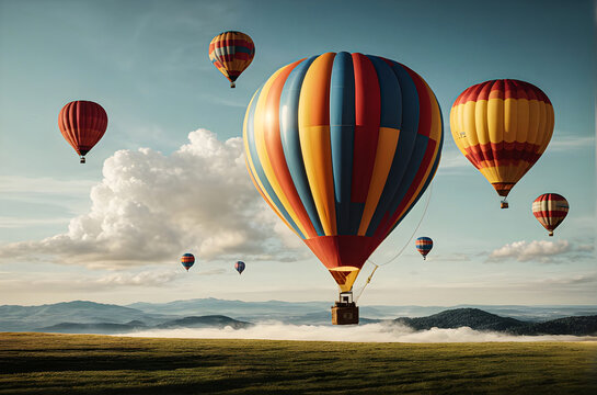 Colorful hot air balloons flying over mountain generative AI image.
