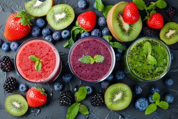 assortement of fresh fruit smoothies with berries and kiwis