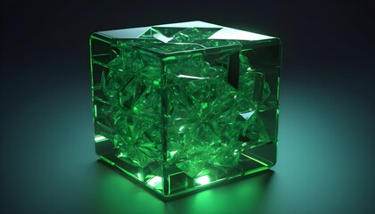 Green glass cube cracked on dark background