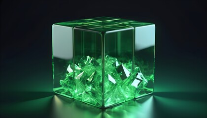 Green glass cube isolated on dark background, inner crystal