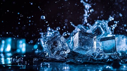 frozen blue transparent ice cubes falling on black background with water splashes. Refreshing and cooling. Heatwave. 