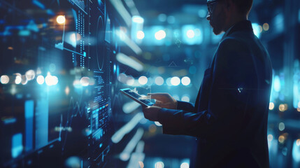 An IT professional is interacting with a server or data center hardware, pointing at a digital display with a background of illuminated network equipment.