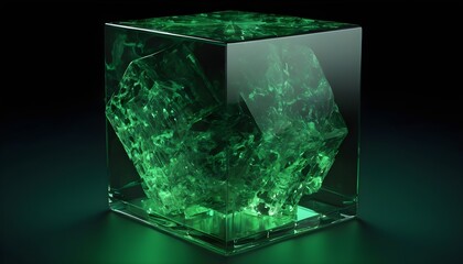 Green glass cube isolated on dark background, deep lavoration