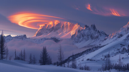 cloud inversion, sharp jagged snowy peaks illuminated by alpen glow from the sun ,generative ai - obrazy, fototapety, plakaty