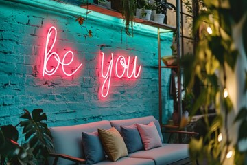 pink neon sign BE YOU on turquoise green wall of loft grunge apartment above the couch or sofa 