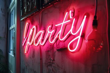 pink neon sign Let's PARTY on club or bar wall closeup. Nightlife and clubbing concept. Entertainment culture.