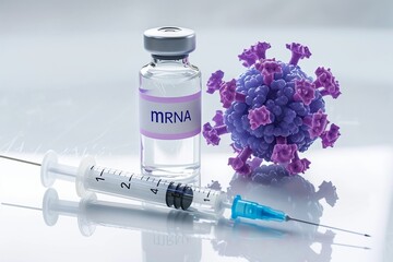 syringe and bottle mRNA Vaccines and coronavirus on a white background, COVID-19 Vaccine