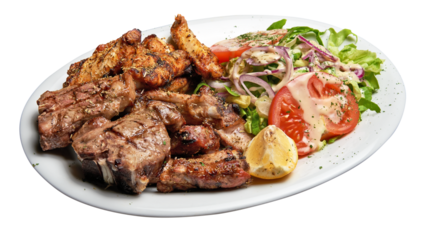 Floating White plate with Mixed meat grilled and salad