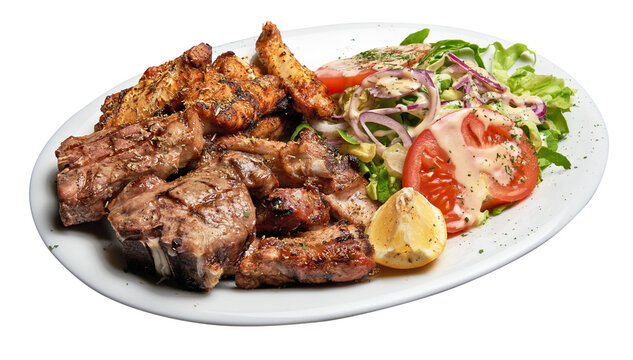 Floating White plate with Mixed meat grilled and salad