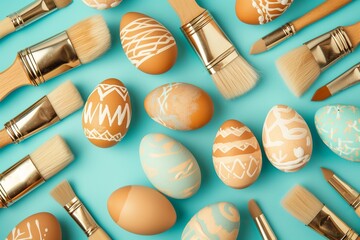 An array of wooden brushes with soft bristles, delicately painting intricate patterns on eggs, on a bright pastel blue background.