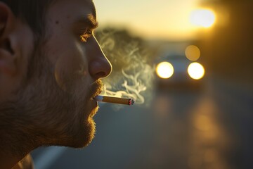 attractive man with a lit cigarette - obrazy, fototapety, plakaty