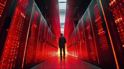 Man Standing in Server Room Aisle Illuminated by Red Light: Tech Background - obrazy, fototapety, plakaty
