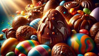 Une célébration éclatante de Pâques avec des œufs en chocolat festifs, richement décorés, capturant l'essence joyeuse et colorée de la fête. - obrazy, fototapety, plakaty