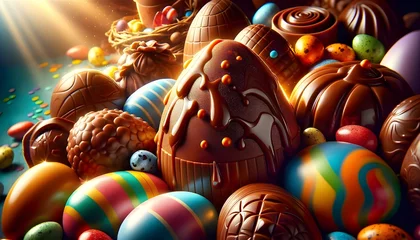 Deurstickers Une célébration éclatante de Pâques avec des œufs en chocolat festifs, richement décorés, capturant l'essence joyeuse et colorée de la fête. © Sébastien