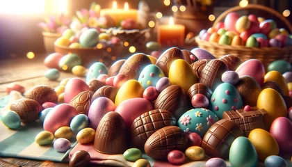 Deurstickers Pâques en gros plan, œufs de chocolat et bonbons parmi des décorations colorées, festivité et gourmandise à l'honneur. © Sébastien