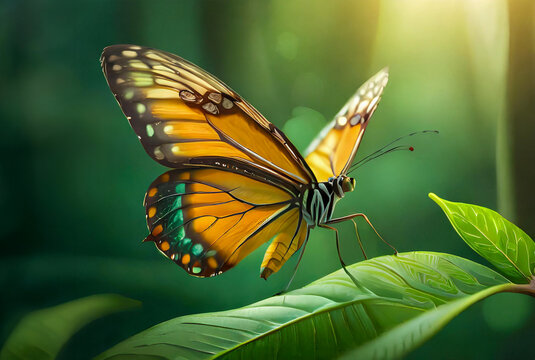 Highly detailed and realistic image of a butterfly flying in green nature.