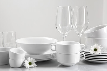 Set of many clean dishware, flowers and glasses on light table