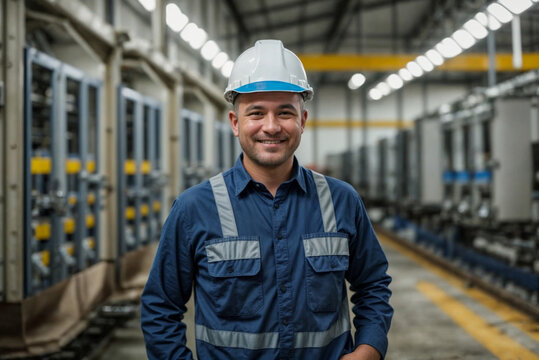 A smiling professional worker man wearing a helmet and work uniform in a factory. The factory is filled with various machines and equipment