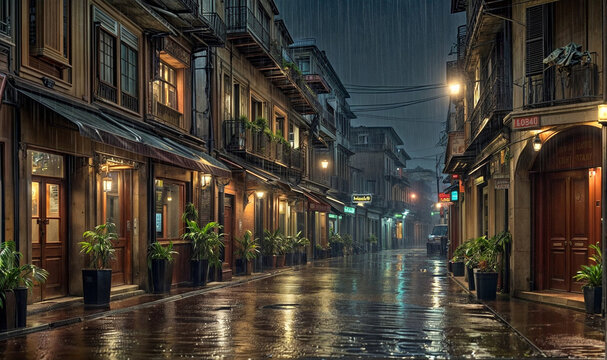 Rainy night view of a wet street with several potted plants lining the sidewalk. Street illuminated by streetlights