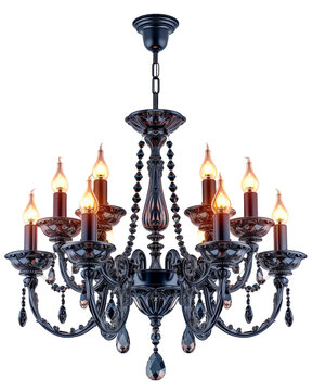 L&aacute;mpara suspendida vintage o retro de techo. Bombillas de l&aacute;mpara candelabro en forma de vela. Aislada sobre blanco