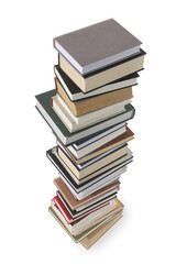 Stack of many different books isolated on white