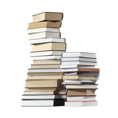 Stacks of many different books isolated on white