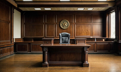 Interior of empty Courthouse room with large desk in the center. Concept of Law and Justice concept