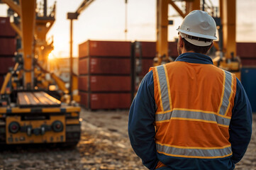 A worker in a safety helmet and vest stands confidently on a backdrop of stacked shipping containers and bustling cargo trucks