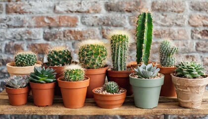  Various cactus and succulent plants in different pots. Potted cactus house plants on wooden