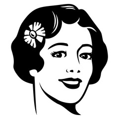 Pretty woman face icon for avatars, user profiles. Black and white vector clipart. Designed to good fit in square and circle.