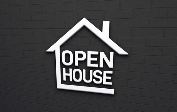 House logo with open house with lettering inside in white color and black brick background for real estate