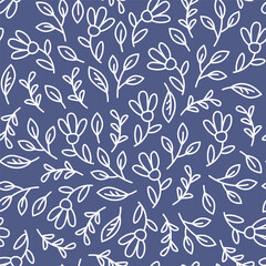 Blue seamless pattern of linear flowers and leaves