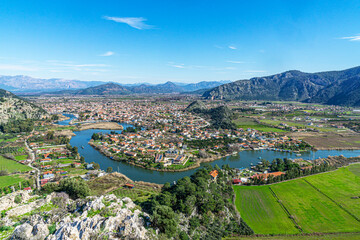 Scenic views from Kaunos and Dalyan, a city of ancient Caria, west of the modern town of Dalyan and...