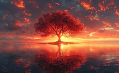 As the sun sets over the calm lake, the tree stands tall, its reflection a fiery red in the water, basking in the afterglow of the evening sky