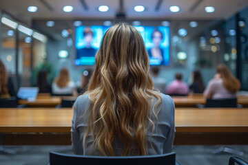 A virtual career fair connecting job seekers with employers worldwide. A woman is sitting in front of a large screen in a conference room - obrazy, fototapety, plakaty