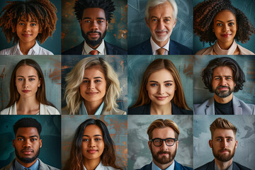 A virtual career fair connecting job seekers with employers worldwide. A collage of portraits of a variety of people - obrazy, fototapety, plakaty