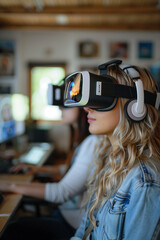 A remote team collaborating in real-time using virtual reality headsets. A woman with black hair wearing a virtual reality headset at a desk