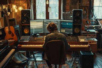 A virtual music studio where artist collaborate on composition in real-time. A musician sits at a keyboard inside a recording studio building - obrazy, fototapety, plakaty