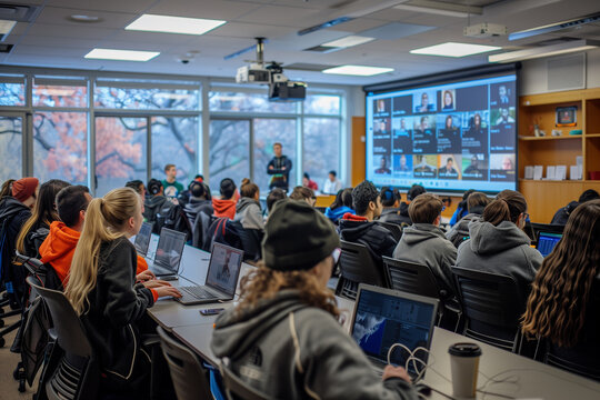 A virtual classroom bustling with students from around the globe. Crowd gathered around tables with laptops in front of a large screen