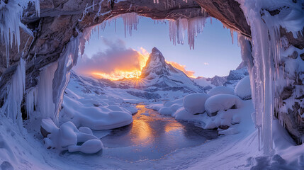 a beautiful illuminated ice cave with half frozen streams running through leading to Matterhorn Mountain,generative ai - obrazy, fototapety, plakaty