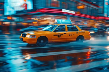 Amidst the hustle and bustle of the city at night, a bright yellow taxi rolls down the wet street,...