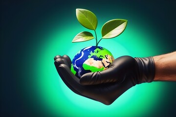 World Earth Day Concept. Green Energy, ESG, Environmental, social and corporate governance. Renewable and Sustainable Resources. Environmental and Ecology Care. Hand Embracing Green Leaf and Globe.
