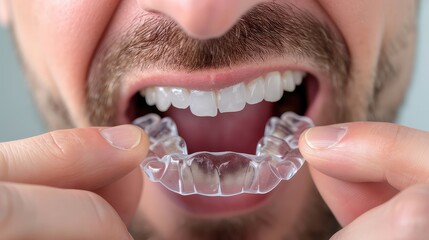 Young Caucasian man inserting a dental aligner. Close-up view. Embracing the journey to a straighter smile.