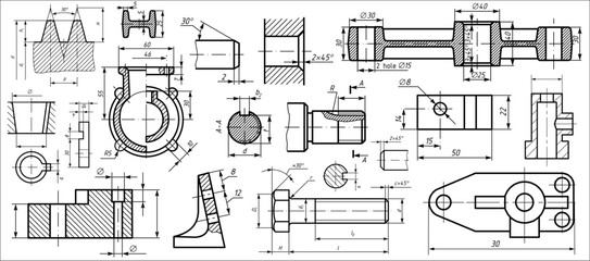 Vector engineering drawing of steel mechanical parts 
with through holes and dimension lines. Industrial 
cad scheme on white paper sheet. Technology background.