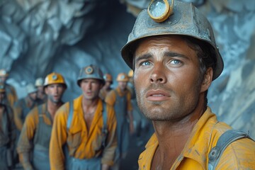 A determined man leads his team into the depths of a dark and dangerous cave, protected by their hard hats and helmets, ready to face any challenge in their sturdy workwear