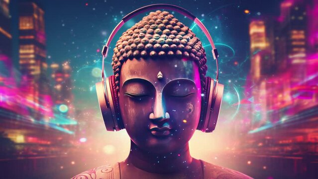 gold buddha statues wearing music headphones generated with AI
