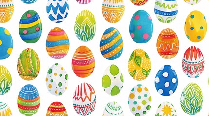 a seamless pattern featuring rows of decorated Easter eggs against a white background. The eggs are oriented vertically and exhibit a variety of colorful patterns, including stripes, polka dots, and c - obrazy, fototapety, plakaty